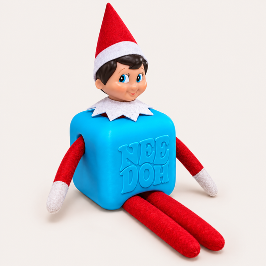  Christmas elf on the shelf wearing a bright blue 3D-printed NeeDoh costume against a light background, grace and grayson