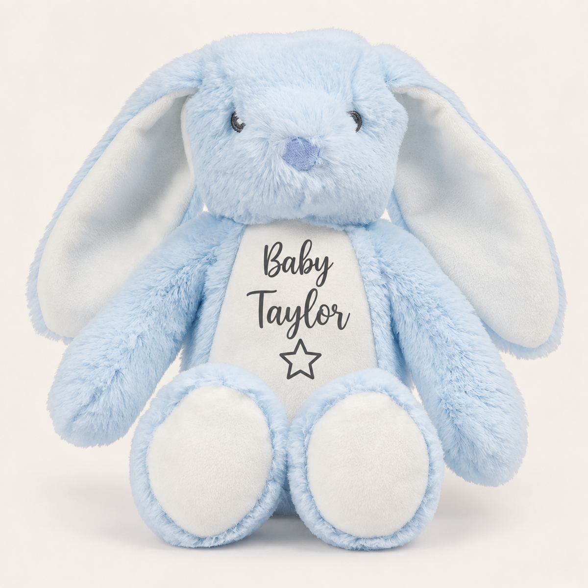 Blue personalised mini bunny teddy with “Baby” name design and a star on the tummy, Grace & Grayson