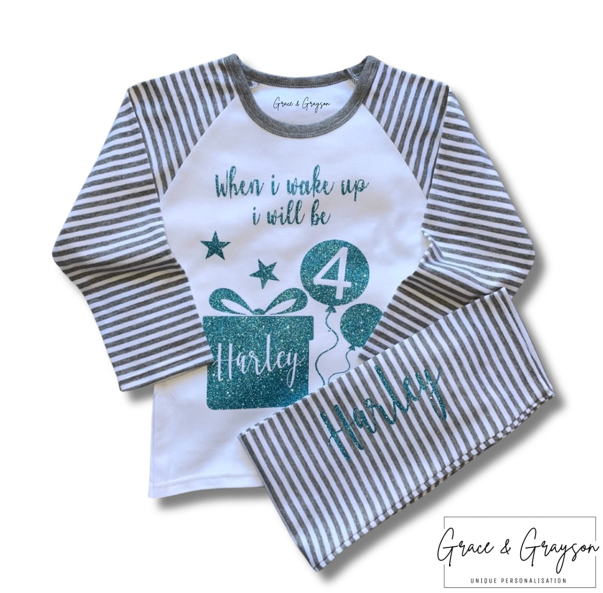 Boys Personalised Birthday Balloon Pyjamas Grey Stripe 