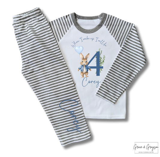 Boys Personalised When I wake Up Blue Flopsy Bunny Birthday Pyjamas 