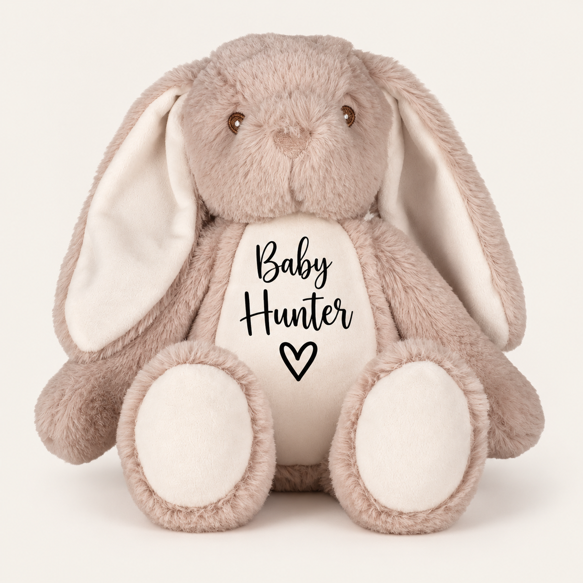 Brown  personalised mini bunny teddy with “Baby” name design and a heart on the tummy, Grace and Grayson