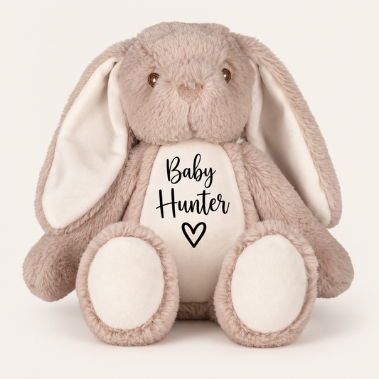 Brown  personalised mini bunny teddy with “Baby” name design and a heart on the tummy, Grace and Grayson