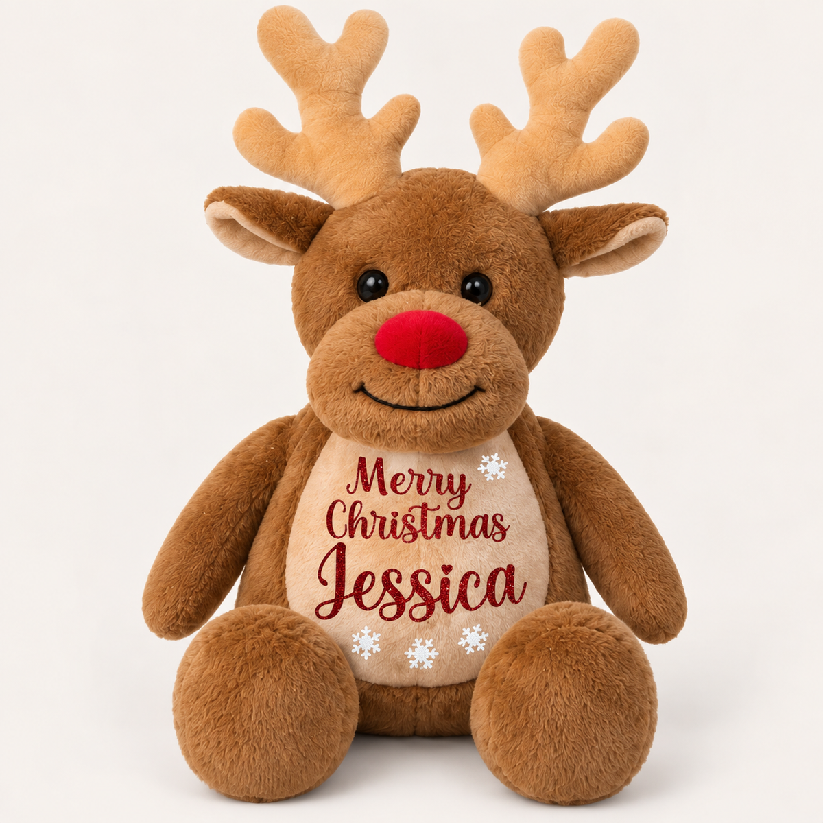 Brown personalised reindeer Christmas teddy bear with a red nose and antlers, displayed on a light background, Grace & Grayson