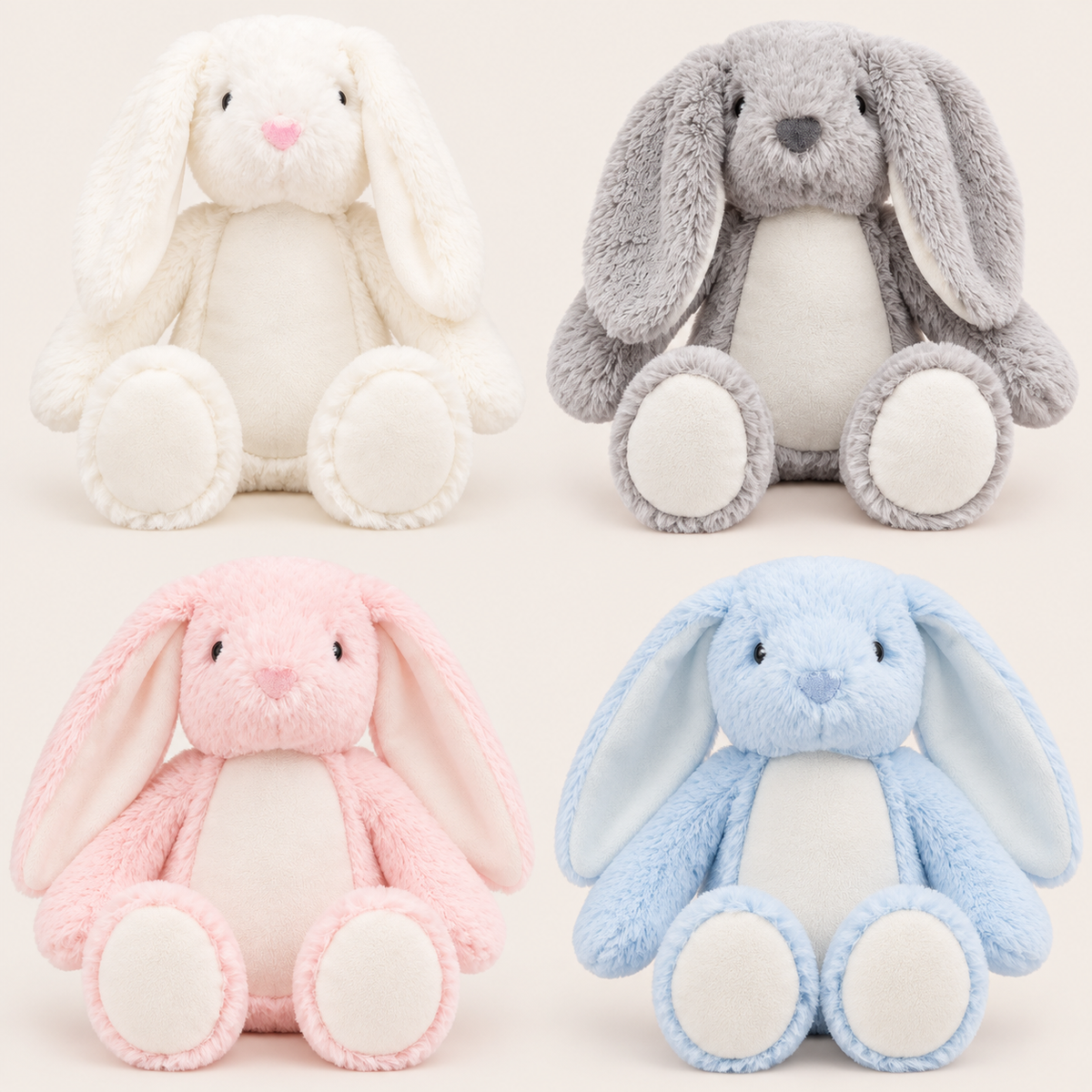 Bunny teddy colour examples shown in white, grey, pink and blue, Grace & Grayson