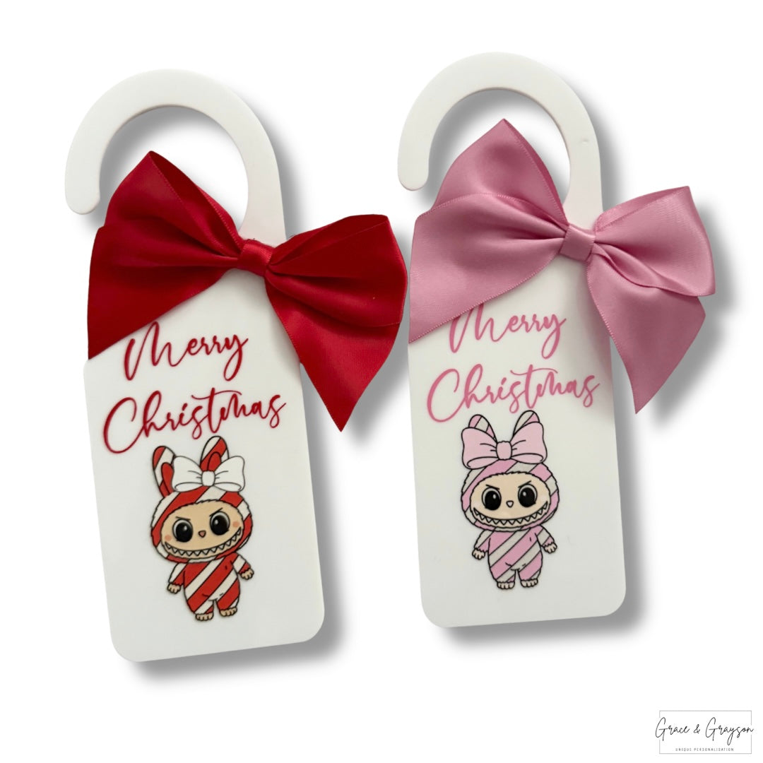Personalised Christmas Candy Cane Monster White Door Hanger Sign