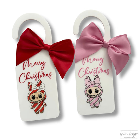 Personalised Christmas Candy Cane Monster White Door Hanger Sign