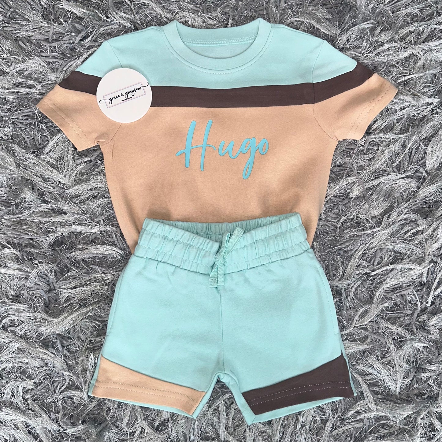 Turquoise Blue & Sand Mix Shorts & T-Shirt Set