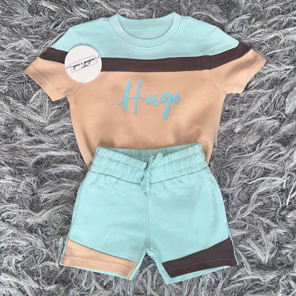 Turquoise Blue & Sand Mix Shorts & T-Shirt Set