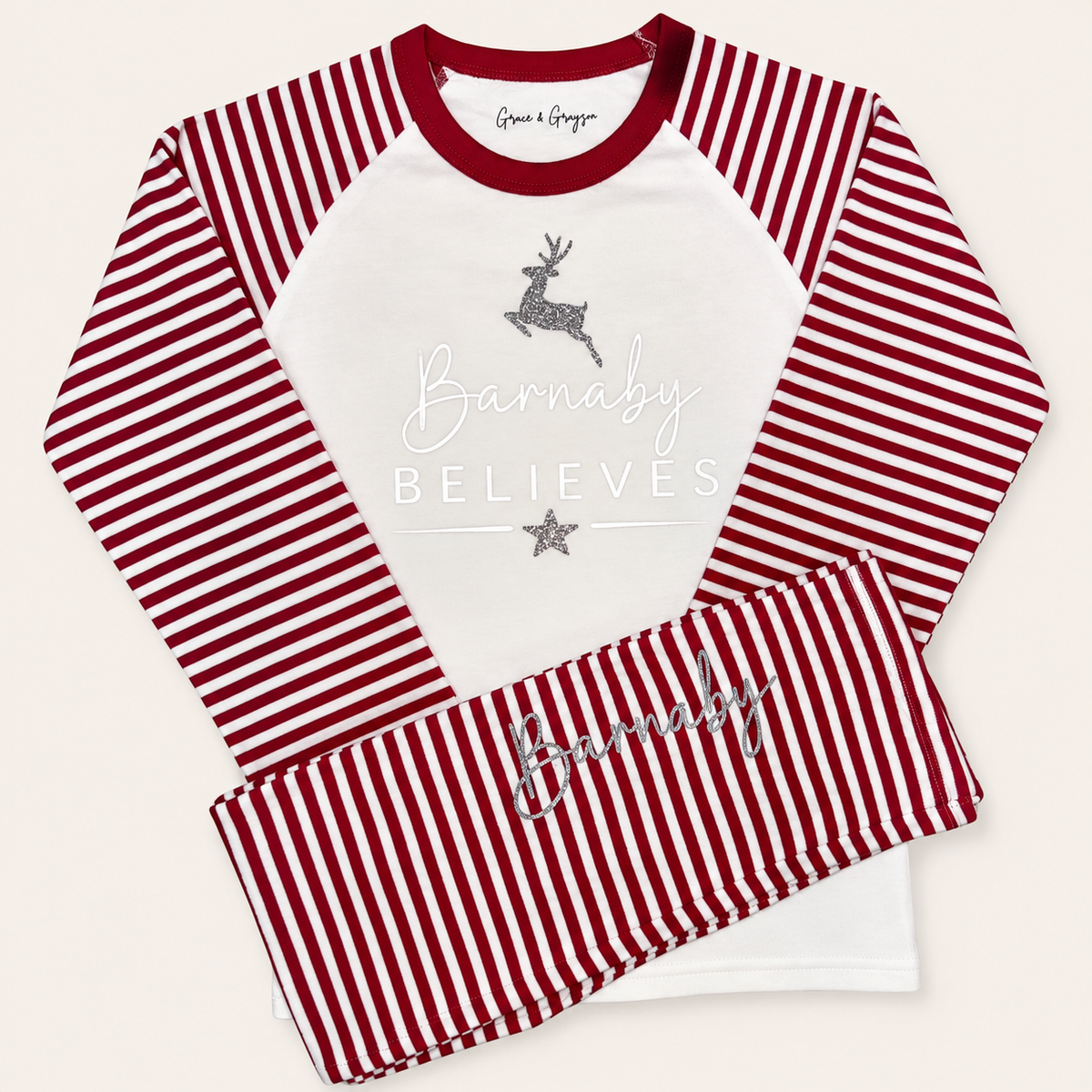 Personalised Believes Red Stripe Christmas Pyjamas