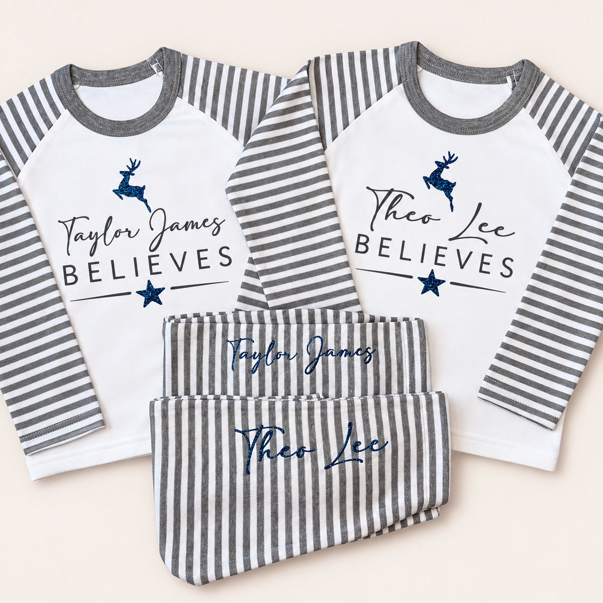 Personalised Believes Grey Stripe Christmas Pyjamas