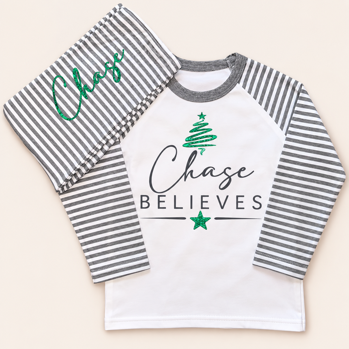 Personalised Believes Grey Stripe Christmas Pyjamas