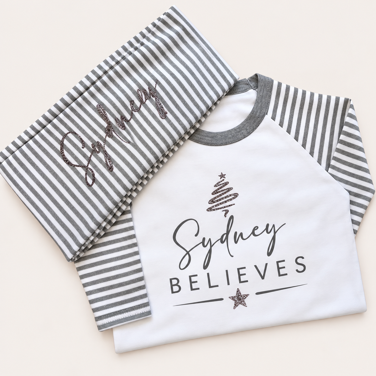 Personalised Believes Grey Stripe Christmas Pyjamas
