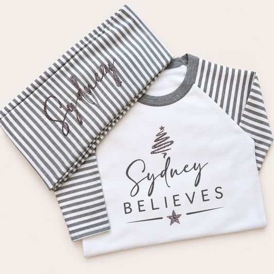 Personalised Believes Grey Stripe Christmas Pyjamas