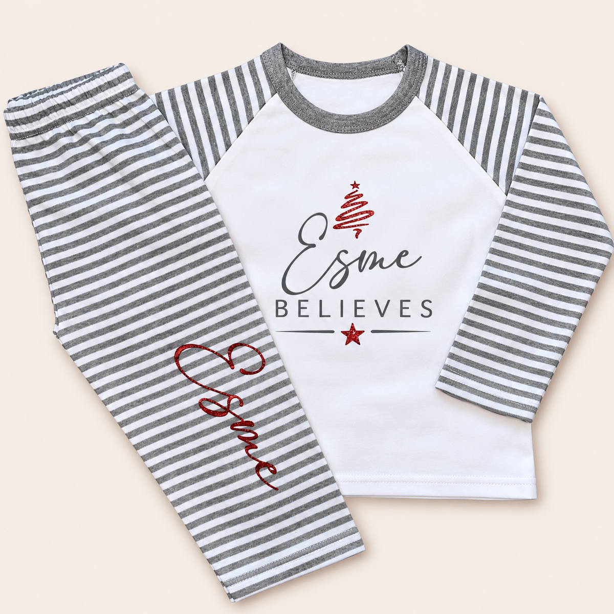 Personalised Believes Grey Stripe Christmas Pyjamas