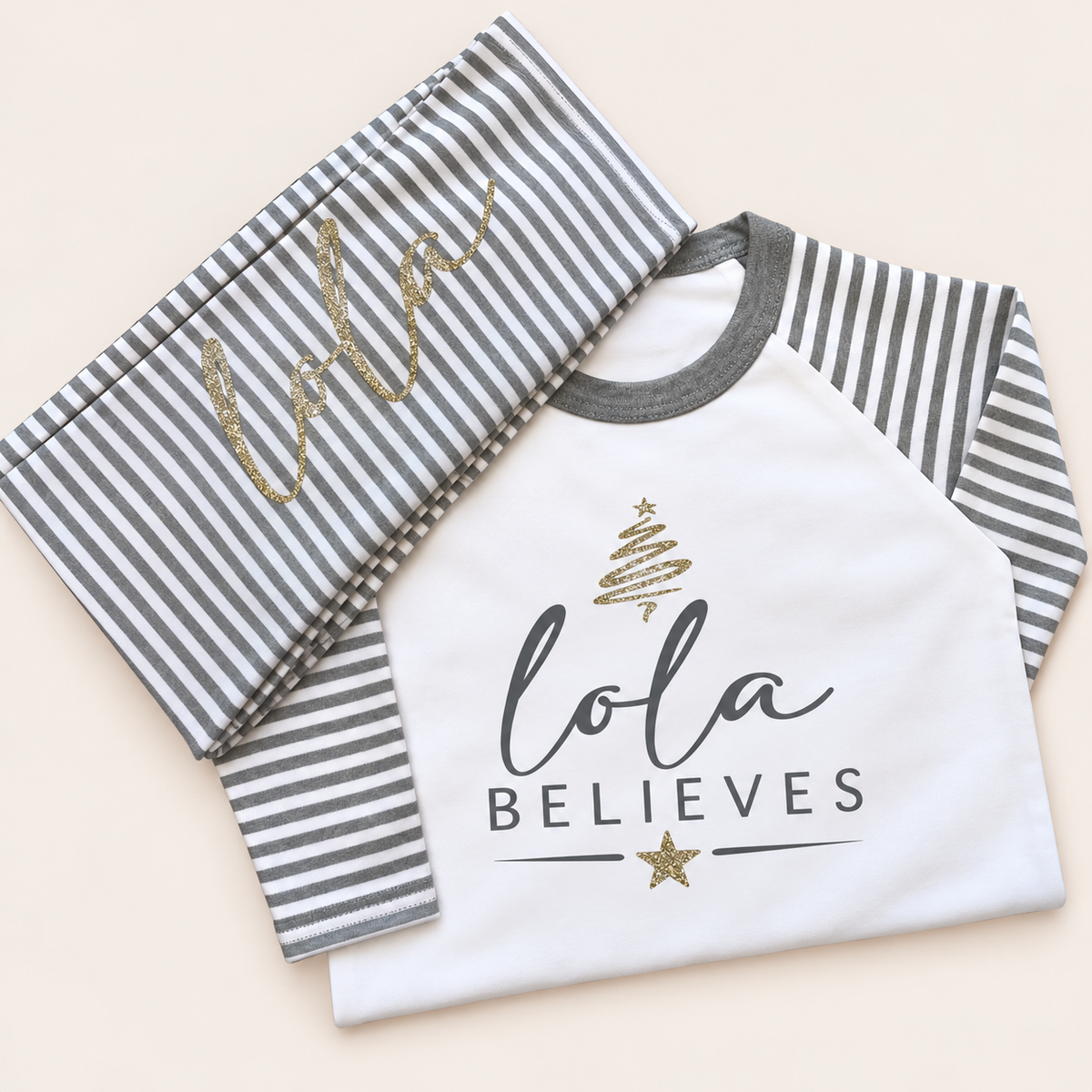 Personalised Believes Grey Stripe Christmas Pyjamas