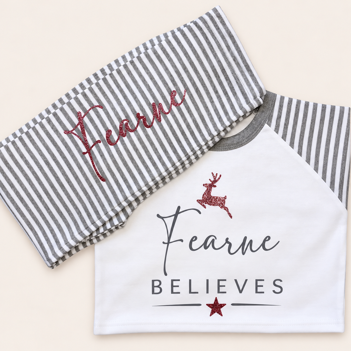Personalised Believes Grey Stripe Christmas Pyjamas