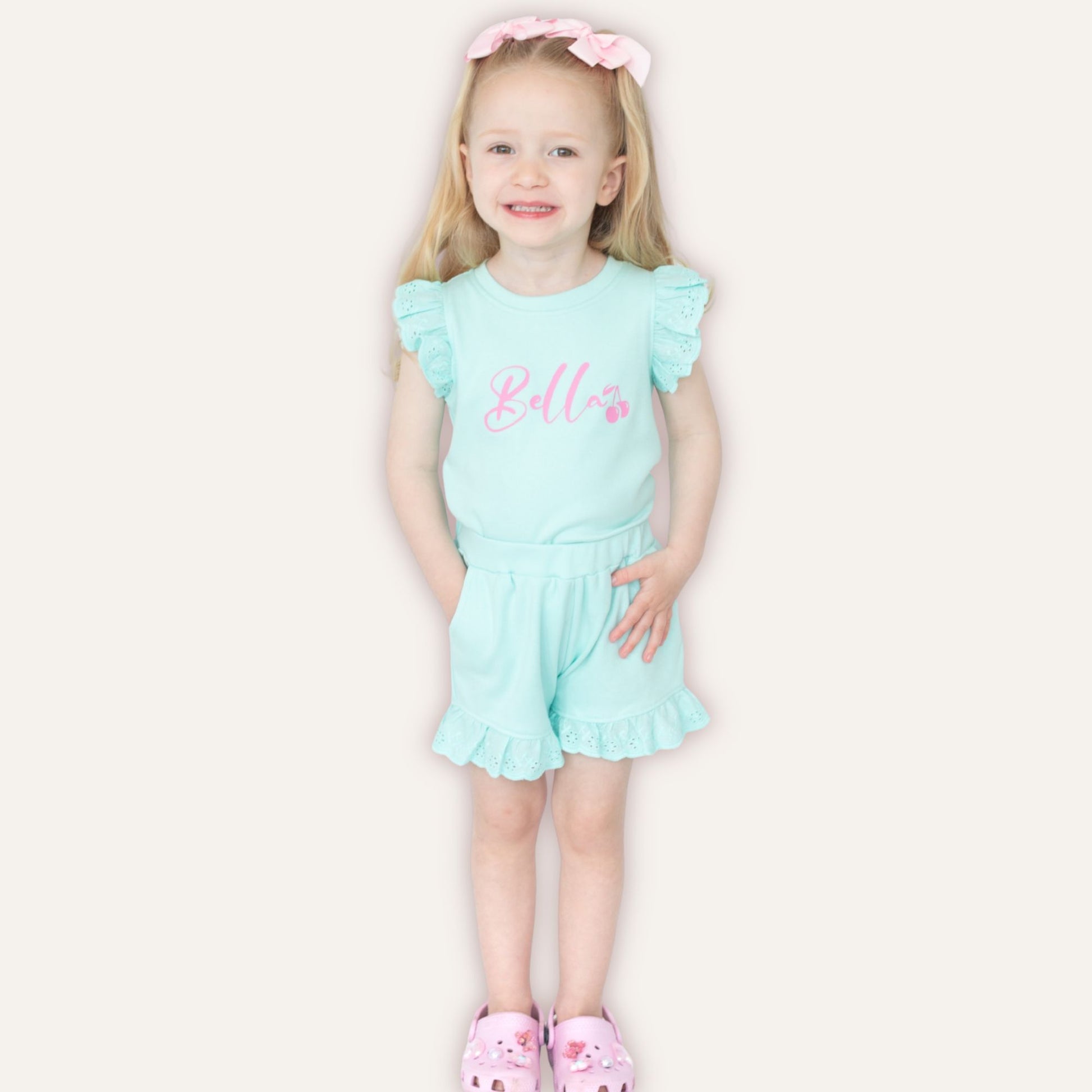 Cherry Broderie Frill Shorts and T-Shirt Set for girls, personalised with name – Grace & Grayson