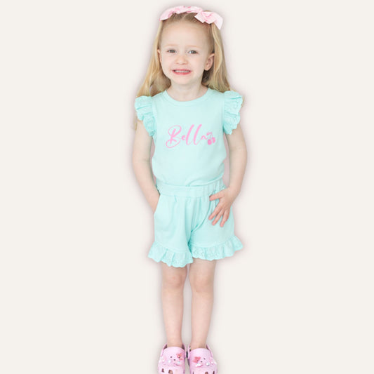 Cherry Broderie Frill Shorts and T-Shirt Set for girls, personalised with name – Grace & Grayson