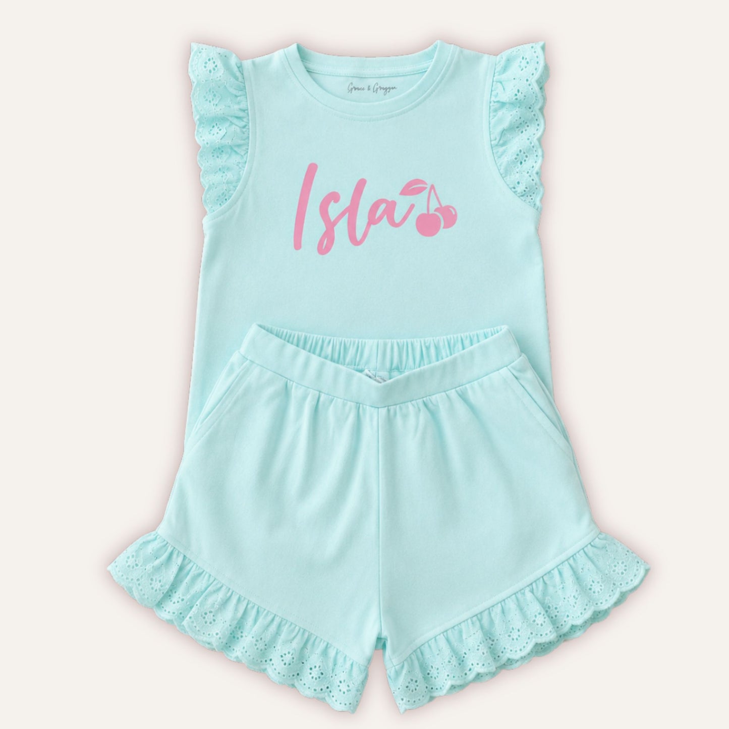 Cherry broderie frill kids outfit with frill detail on shorts and sleeves – Grace & Grayson