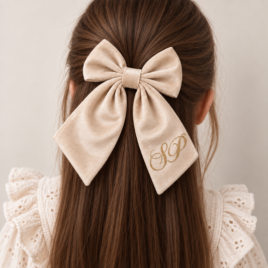 Child wearing a cream personalised velvet hair bow with gold fancy initials in long hair, Grace & Grayson