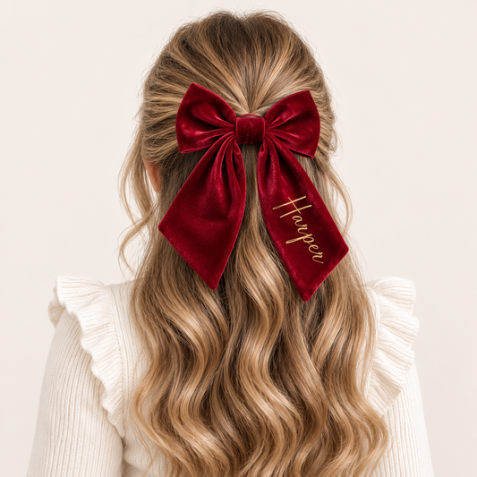 Child wearing a wine red personalised velvet hair bow in long hair, Grace & Grayson