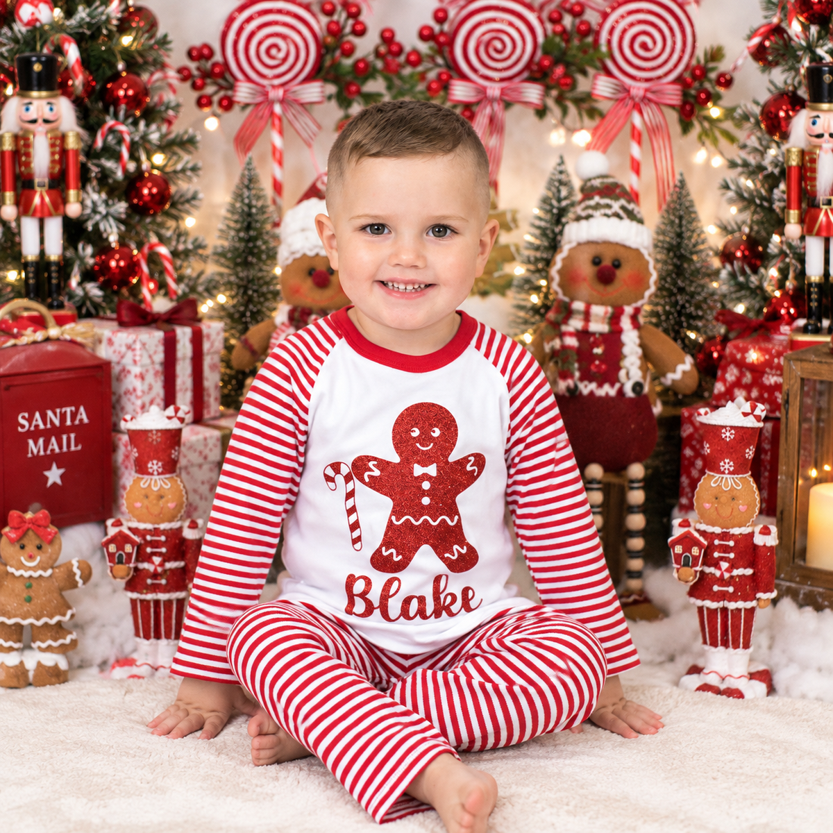 Child wearing personalised red and white striped gingerbread man Christmas pyjamas in a festive Christmas setting by Grace & Grayson