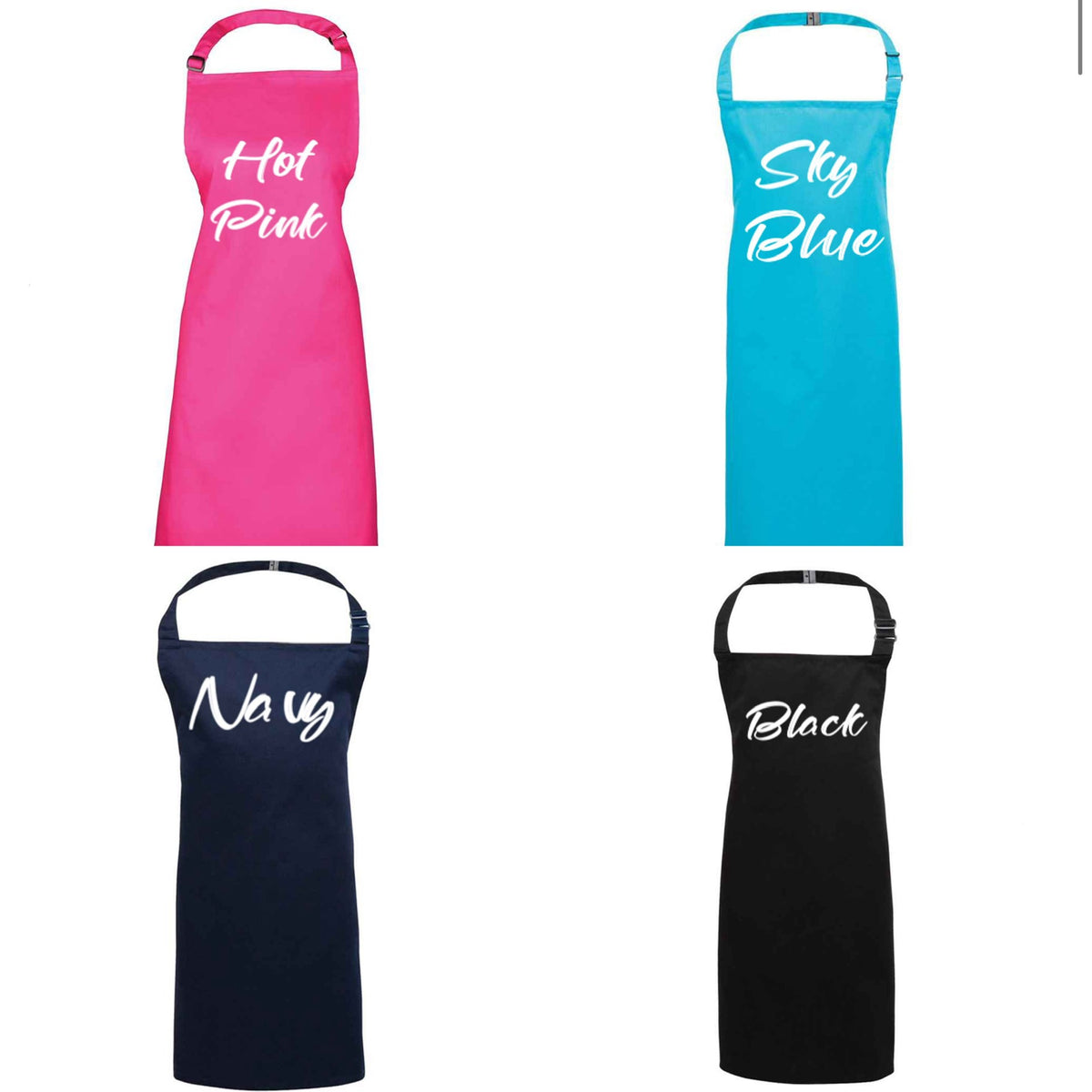 Children’s apron colour options in hot pink, sky blue, navy and black, Grace & Grayson