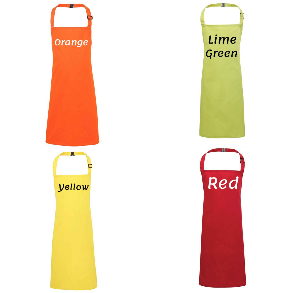 Children’s apron colour options in orange, lime green, yellow and red, Grace & Grayson