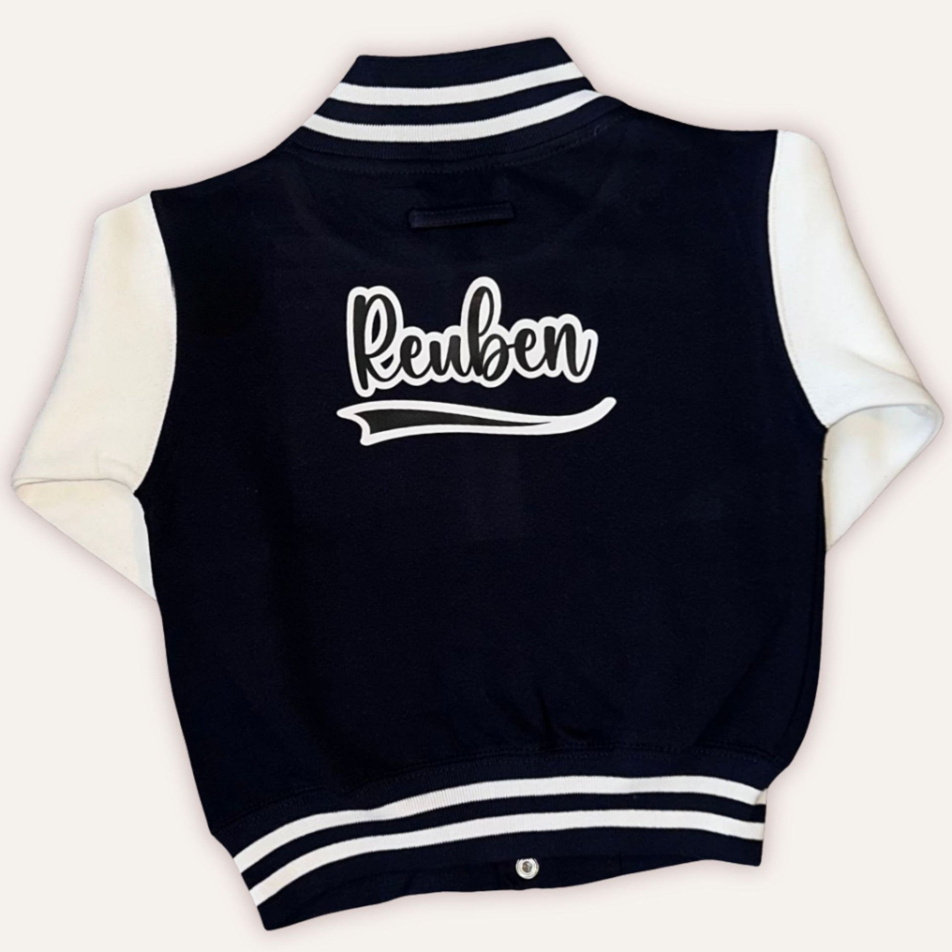 Children's personalised varsity jacket in black – full length view — Grace & Grayson