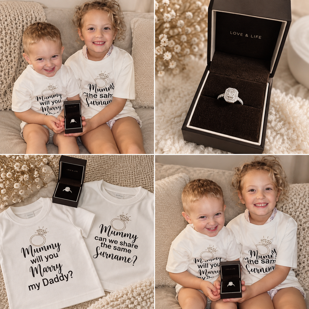 Collage of children wearing personalised proposal T-shirts, an engagement ring in a box, and matching T-shirts displayed flat, Grace & Grayson