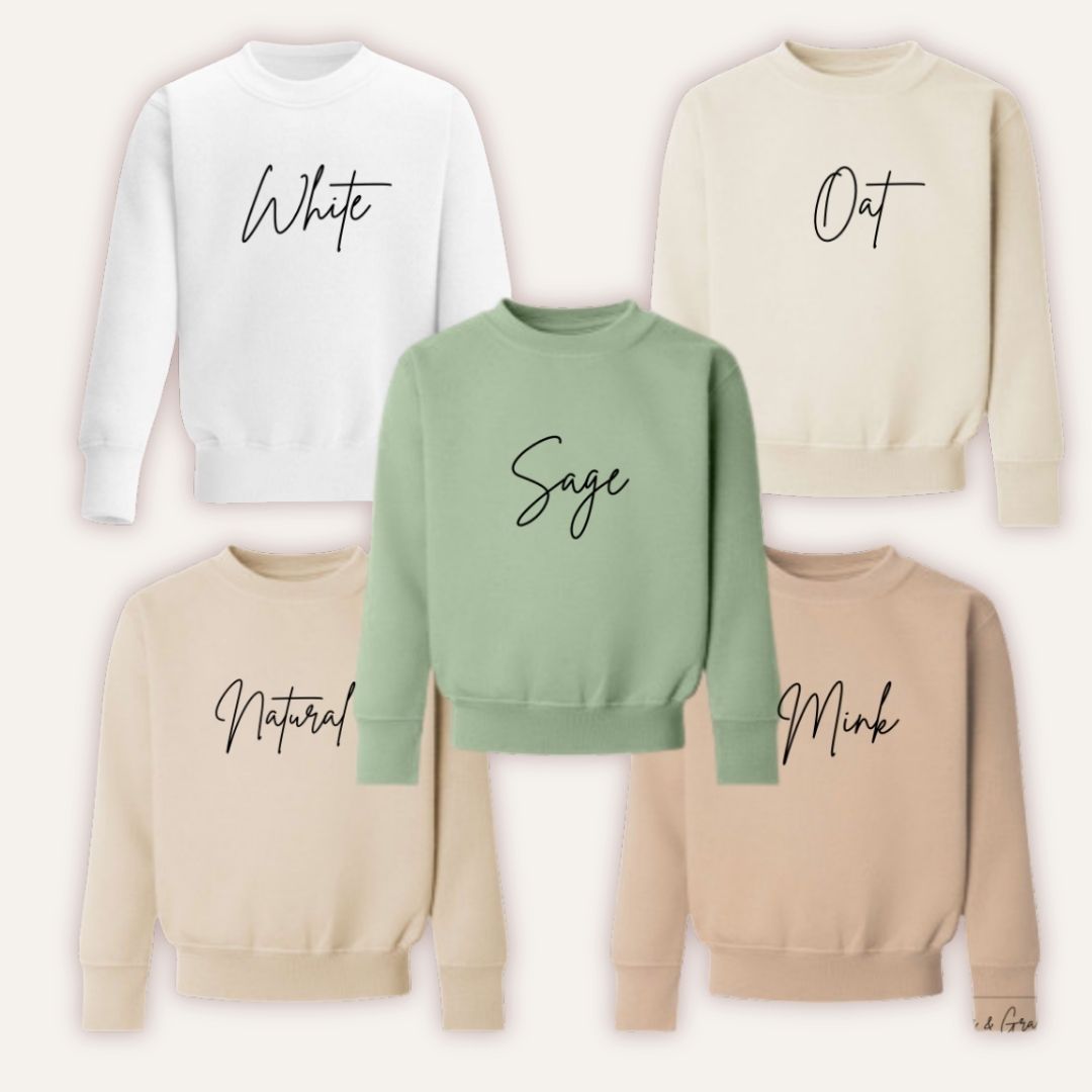 Colour options for Grace & Grayson kids personalised Halloween sweatshirt — White, Oat, Sage, Natural and Mink