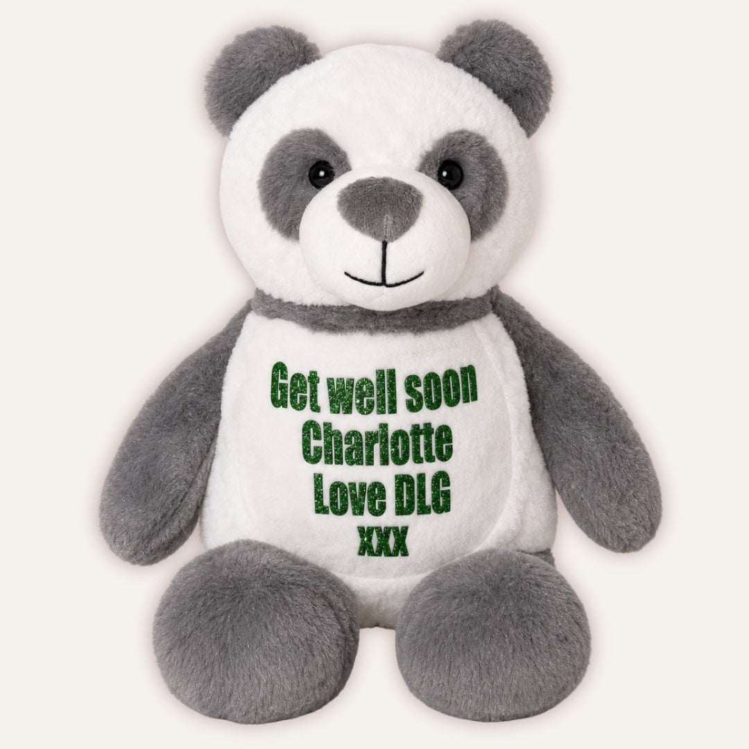 Personalised Create Your Own panda bear with custom get well soon message and name printed on tummy by Grace & Grayson