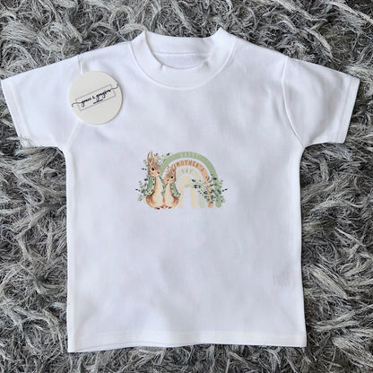 Personalised Sage Green Peter Rabbit Rainbow Happy Mother's Day T-Shirt