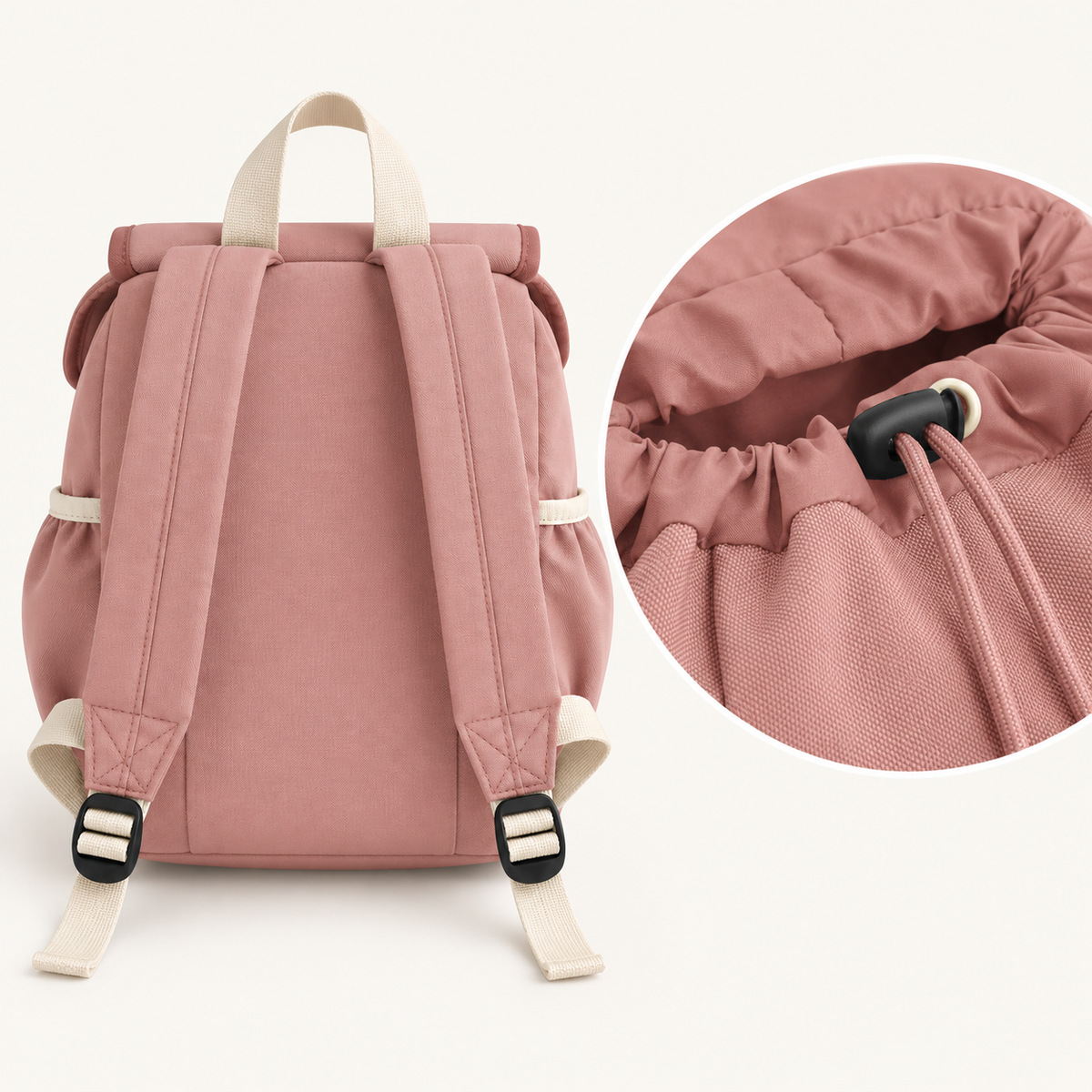 back view of a rose pink backpack showing adjustable shoulder straps, with a close-up of the drawstring opening, Grace & Grayson.