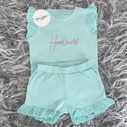 Heart Broderie Frill Shorts & T-Shirt Set