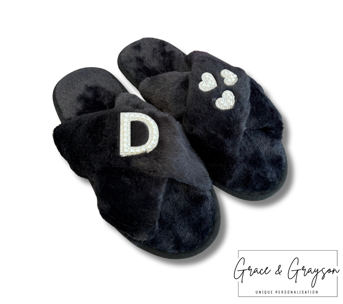 Personalised Pearl Initial & Heart Faux Fur Slippers