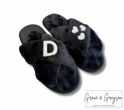 Personalised Pearl Initial & Heart Faux Fur Slippers