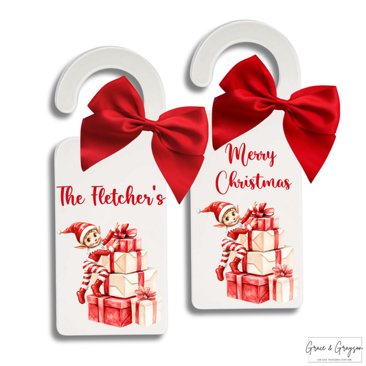 Personalised Christmas Elf White Door Hanger Sign