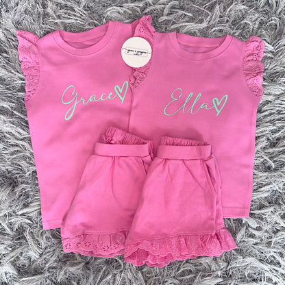 Heart Broderie Frill Shorts & T-Shirt Set