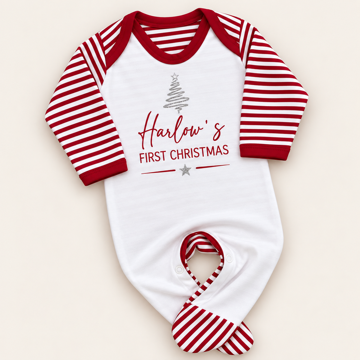 personalised First Christmas red and white stripe baby grow with a silver Christmas tree design, Grace & Grayson