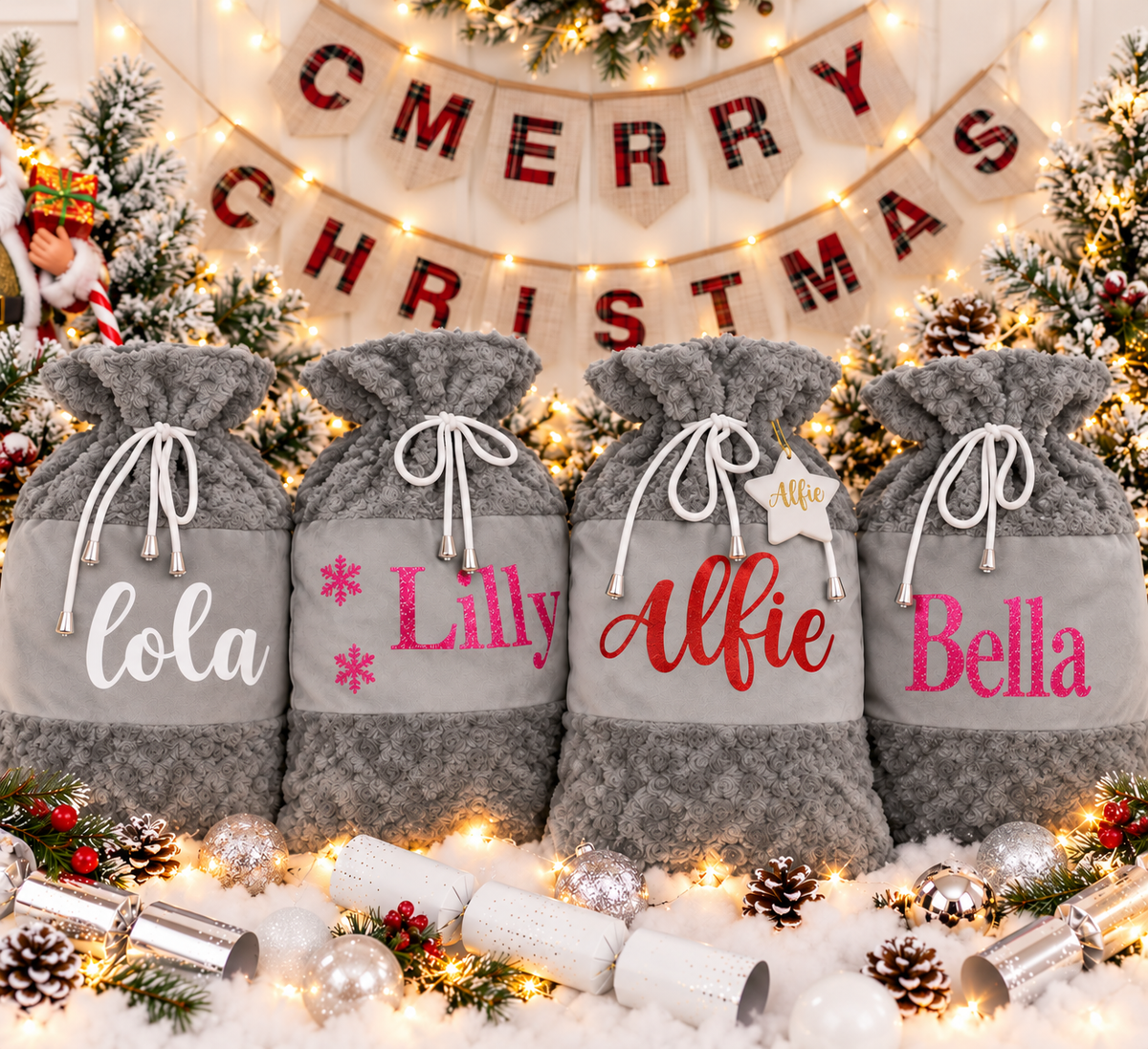 Four grey plush Christmas Santa sacks with white drawstrings arranged beneath a festive banner and lights, Grace & Grayson.