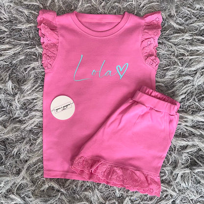Heart Broderie Frill Shorts & T-Shirt Set