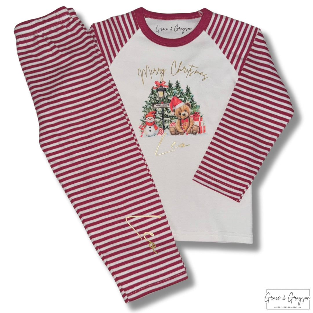 Personalised Candy Cane Lane Bear Red Stripe Christmas Pyjamas