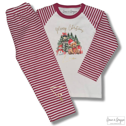 Personalised Candy Cane Lane Bear Red Stripe Christmas Pyjamas