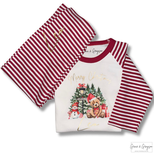 Personalised Candy Cane Lane Bear Red Stripe Christmas Pyjamas