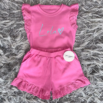 Heart Broderie Frill Shorts & T-Shirt Set
