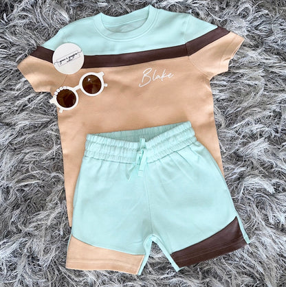 Turquoise Blue & Sand Mix Shorts & T-Shirt Set
