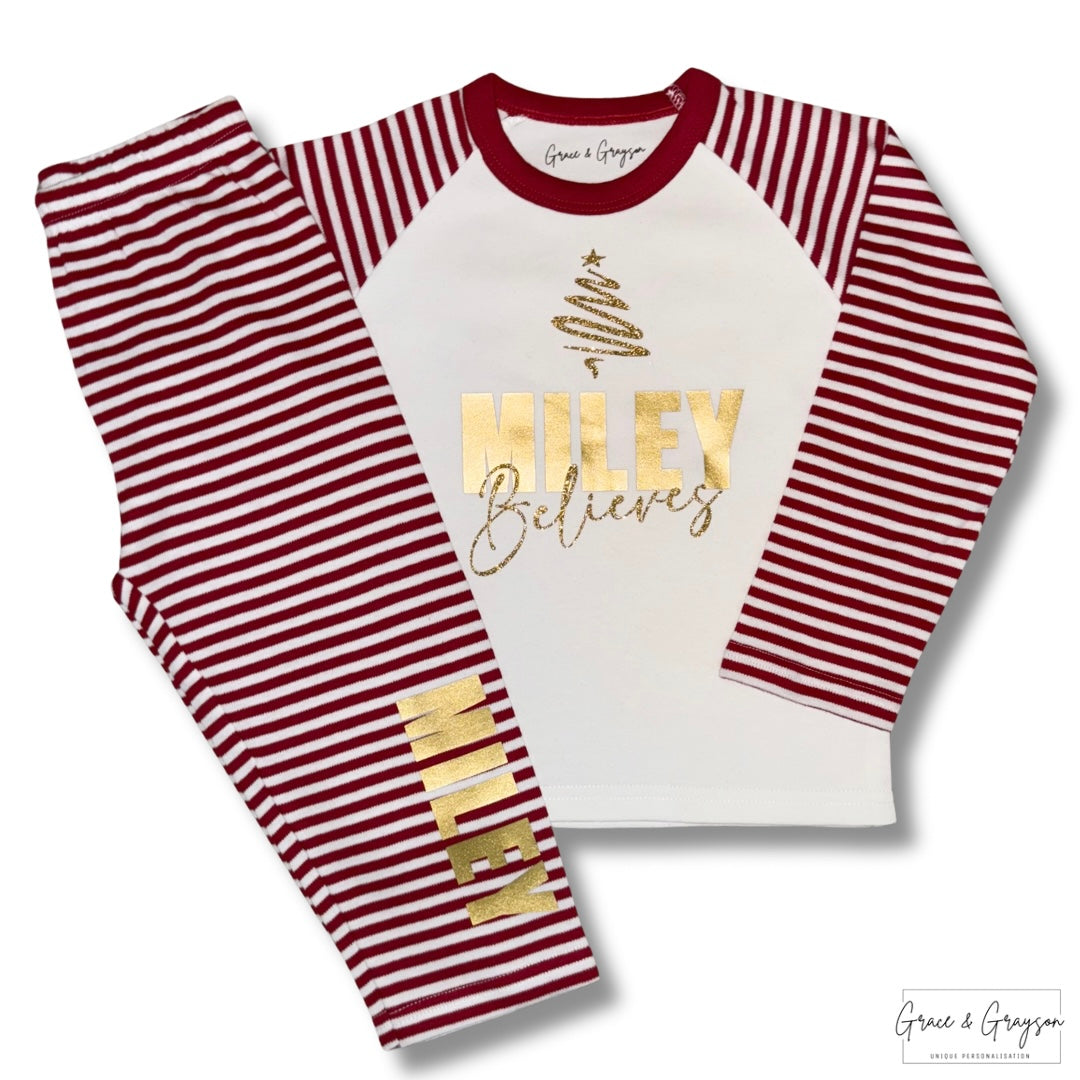 Family Matching Bold Name Believes Red Stripe Christmas Pyjamas