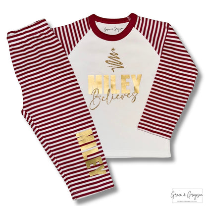 Family Matching Bold Name Believes Red Stripe Christmas Pyjamas