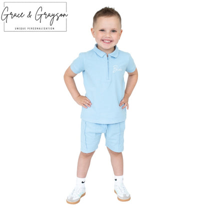 Baby Blue Zip Neck Polo Shirt & Short Set